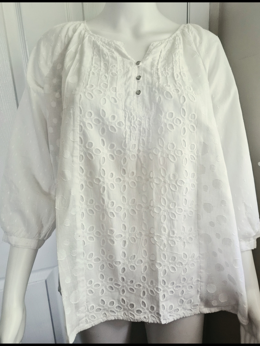 Lifestyle White 100% Cotton Eyelet Swiss Dot Mixed Media Peasant Blouse